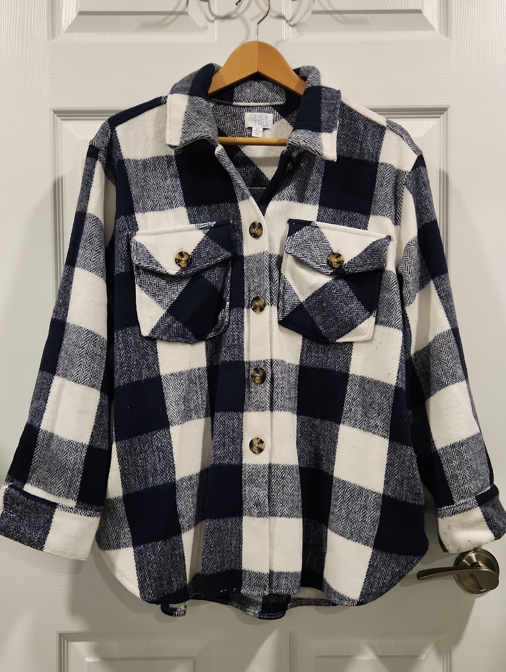 Time and Tru Navy and White Buffalo Plaid Button-Up Jacket